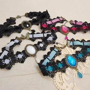 화이트 블루 블랙 핑크 초커 레이스 벨벳 메탈 보석 목걸이