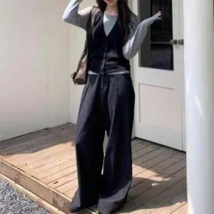 여성 긴팔티 골지 조끼 코디 세트