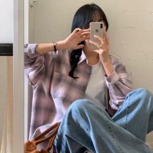 [다잇템] 여자 빅사이즈 프린팅 키치무드 셔츠 버튼 격자 랩 셔츠
