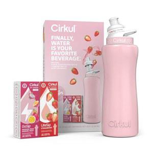 CIRKUL 32OZ. 핑크 뚜껑과 맛 카트리지 2개가 포함된 블러쉬 스테인리스 스틸 물병 스타터 키트 (라이프십 딸기 1개 고십 패션 프루트 드래곤 1개) 칼로리 제로 설탕 없음