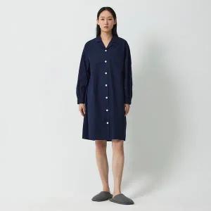 [JAJU](강남점)(슬립)여 60수 코튼 셔츠형 루즈핏 긴팔 파자마 원피스(네이비)J204203057