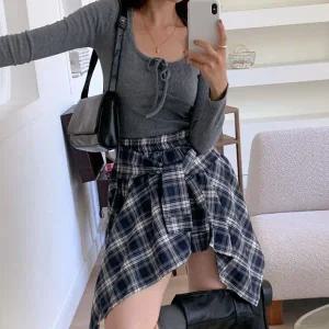 [하프클럽/]여자 셔츠치마 체크 플레어 매듭 키치 밴딩 미니스커트