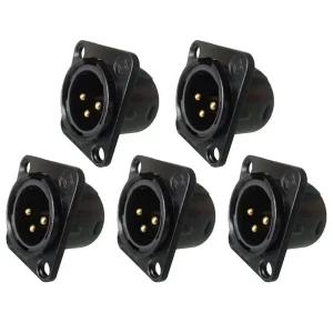 RIVIERA 5 Pack XLR Panel Mount Chassis 3Pin Male, Fine Black Nickel Plated Metal Housing with 24K Go