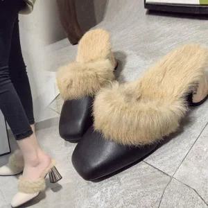 여성 스퀘어 털 펌프스 구두 슬리퍼 7cm 힐 뮬슬리퍼 (WFJYIKO)