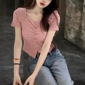[옷자락]여성 키치무드 하트버튼 셔링 언발란스 트임 반팔 니트