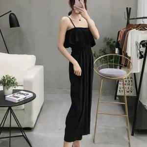 여성 허리 점프 가슴 포인트 라인 미디 롱원피스 밴딩 수트 끈나시 반팔 원피스 니트