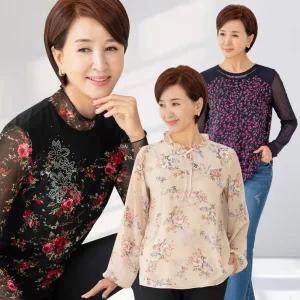 빅사이즈 엄마옷 중년여성 샤르망 블라우스 3종 쉬폰 여름 긴팔 플라워 마담 60대 50대 40대 할머니옷