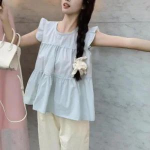 여성 러블리 핀턱 프릴 어깨 레이스 민소매 탑