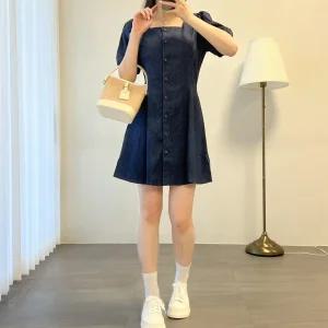 여자 플레어 스퀘어넥 퍼프 생지 데님 미니 원피스