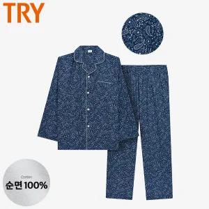 [트라이]남성잠옷 면잠옷 상하세트 긴팔 순면 60수 카라 가을 간절기 파자마세트