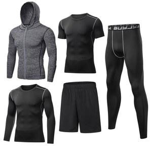 BuyJYA 5Pcs 남성용 압박 바지 셔츠 상의 긴 소매 재킷 운동 세트 체육복 남성 운동