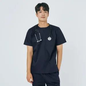 남성 쿨스판 크루넥 스크럽 상의 간호사 의사 병원 수술복 (네이비)