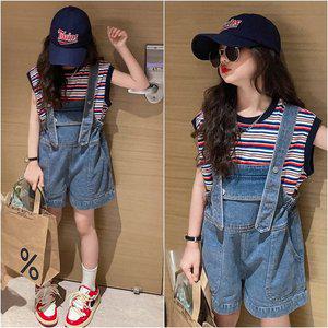 [삐삐네옷가게]여아 주니어 여름 팝아트 스트라이프 멜빵 반팔 세트