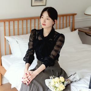 [시크라인] (~XL까지) 룬 스카프 세트 자카드 쉬폰 스트라이프 볼륨 블라우스 봄가을 하객룩 오피스룩 격식룩 데이트룩