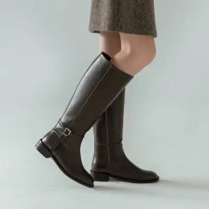 SOVO 이얀 벨트 단화 가죽 롱부츠 3cm