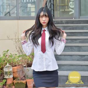 [ME0L2200_52GW]여성 각카라 화이트 셔츠 (빨강체크) ~4XL