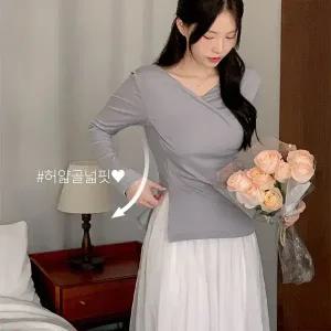 핫핑 소이니 브이넥 트임 랩 블라우스 티셔츠