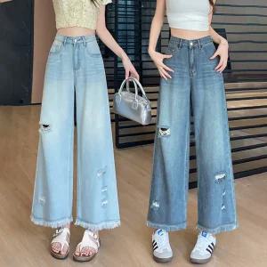 [ 품절임박 -30% ] AM-3791/ 가을신상 여성청바지 밑단수술 헤짐 빈티지 찢청 와이드 9부 팬츠