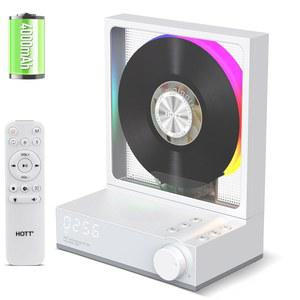 휴대용 CD 플레이어, 가정용 레트로 블루투스 5.3 HiFi 스피커가 장착된 음악 4000mAh 리히어블/원격 컨트롤러/RGB 야간 조명/수면 타이머/U 디스크/마이크로 SD/AUX 데스크톱 플레이어(화이트)