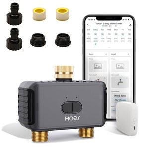 황동 입구와 출구가 있는 MOES WiFi 스프링클러 타이머 2존, 정원 호스 수도꼭지용 워터 타이머, 프로그래머블 급수 관개 2아웃렛, 잔디밭 및 마당용 스마트 급수 시스템, 알렉사와 협력합니다