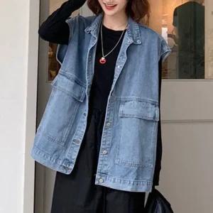 걸스 머스트해브 시즌빅핏 블루진 폴로카라 베스트 베스트자켓 연청 (WFJTC4A)