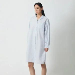 [JAJU](강남점)(슬립)여 60수 코튼 셔츠형 루즈핏 긴팔 파자마 원피스(스카이블루)J204203057
