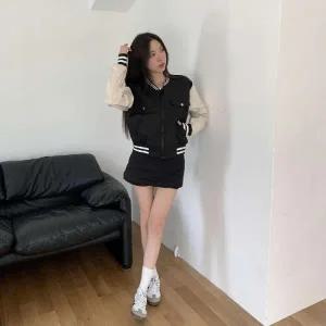 [다잇템] 여성 콘트라스트 공항 사이드포켓 하렘 카라없는 점퍼