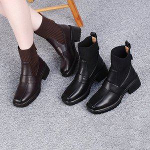 [기타]행텐 여성 소가죽 니트 라인 키높이 통굽 부츠 6cm