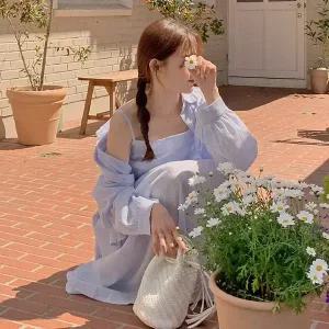 핫핑 [살안타템] 어거스트 오버핏 셔츠+스모크밴딩 나시원피스set
