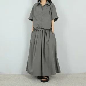 [파라노말샵](투피스) 4색 바스락 포켓 반팔 셔츠 남방 밴딩 롱 스