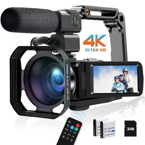 4K 비디오 카메라 캠코더 48MP 30FPS IR 야간 투시 WiFi 레코더, 18배 디지털 줌 3인치 터치스크린 브이로그 카메라(마이크, SD 카드, 렌즈 후드, 스태빌라이저, 리모컨 포함)