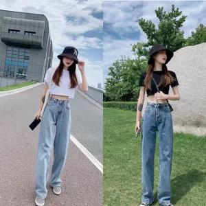 여성 하이웨스트 데님 일자 3단 허리조절버튼 와이드 청바지 데님 와이드 일자 청바지 세미 여자 팬츠