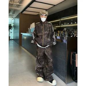 남성용 긴팔세트 빈티지 호피무늬 트레이닝 슈트 아우터 프린트 스트라이프 재킷 팬츠 KS1