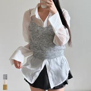 여성 뷔스티에 크롭 니트 끈조끼 나시 봄 가을 데일리룩 그레이 오트밀 카키