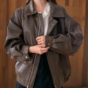 |CSJ6785|여성 가을 오버핏 카라넥 집업 가죽 자켓
