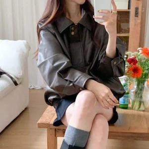 |CSJ6785|여성용 가을 카라넥 오버핏 집업 가죽 자켓