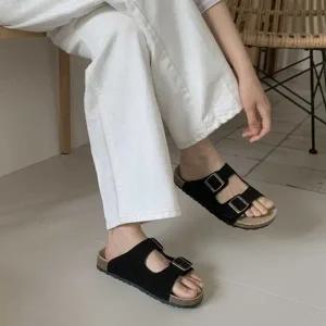캐주얼 더블 버클 스트랩 로우굽 여름 데일리 슬리퍼-WEBF048