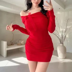 여성 단색 오프숄더 스판 셔링 미니 원피스 긴팔