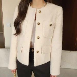 여자 겨울 노카라 라운드 금장 숏 자켓 모임룩 하객룩 오피스룩