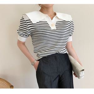 세일러 빅카라 가을 스트라이프 단가라 반팔니트 TS253