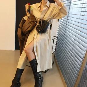 애프터 벨트세트 핀턱 A라인 무지 롱 버튼 셔츠원피스 (3color)