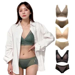 [국내생산] 미스뷰티라인 노와이어 브라 팬티 세트 (블랙/스킨/애쉬/카키) / 메쉬소재 NO후크 패드일체형 여성속옷