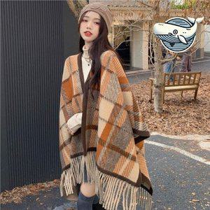 가을 겨울 체크 패턴 숄 가디건 따뜻한 케이프 (WFGQDDX)