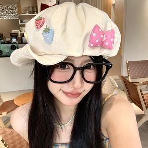 베레모 일본 달콤한 면화와 리넨 딸기 활 장식 여성 여름 얇은 부드러운 챙 대형 버전 팔각