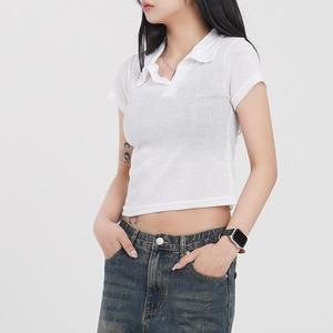 화이트빌딩 여성 카라 반팔 티셔츠 세미 크롭 PK 무지
