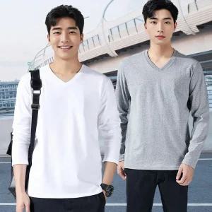남자 V넥 긴팔 무지티 흰색면 레이어드 셔츠남자면티 러닝티셔츠 남자봄티