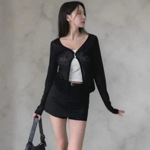 여성 슬림핏 시스루 원버튼 브이넥 롱슬리브 가디건