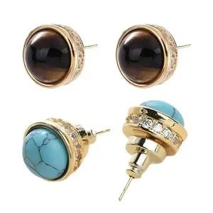 12mm 원석 터키석 호안석 지르코니아 18K 도금 이어링-WFHLU23