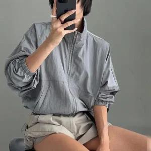 여성 하이넥 끈 포켓 바스락 바람막이 재킷