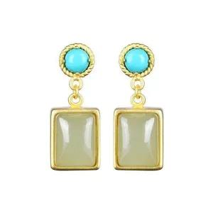 써지컬 S925 옥 비취 터키석 원석 보석 귀걸이-WFFWI8H